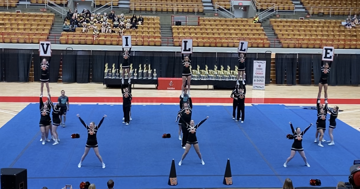 cheerleaders on blue floor mats